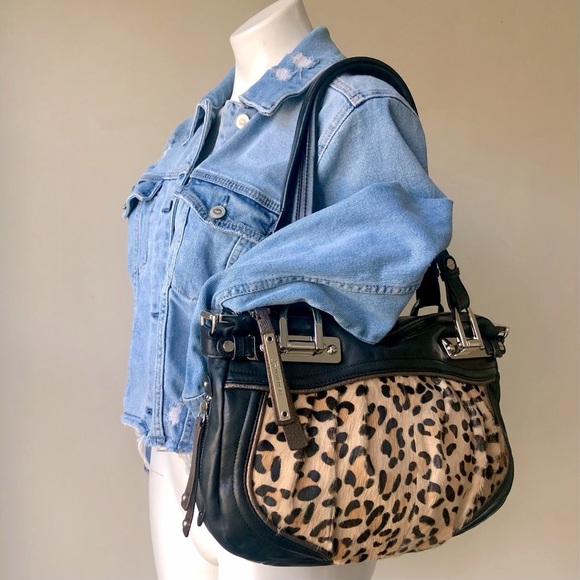 B. Makowsky Black Leather & Leopard Calf Hair Satchel Handbag - Picture 3 of 15